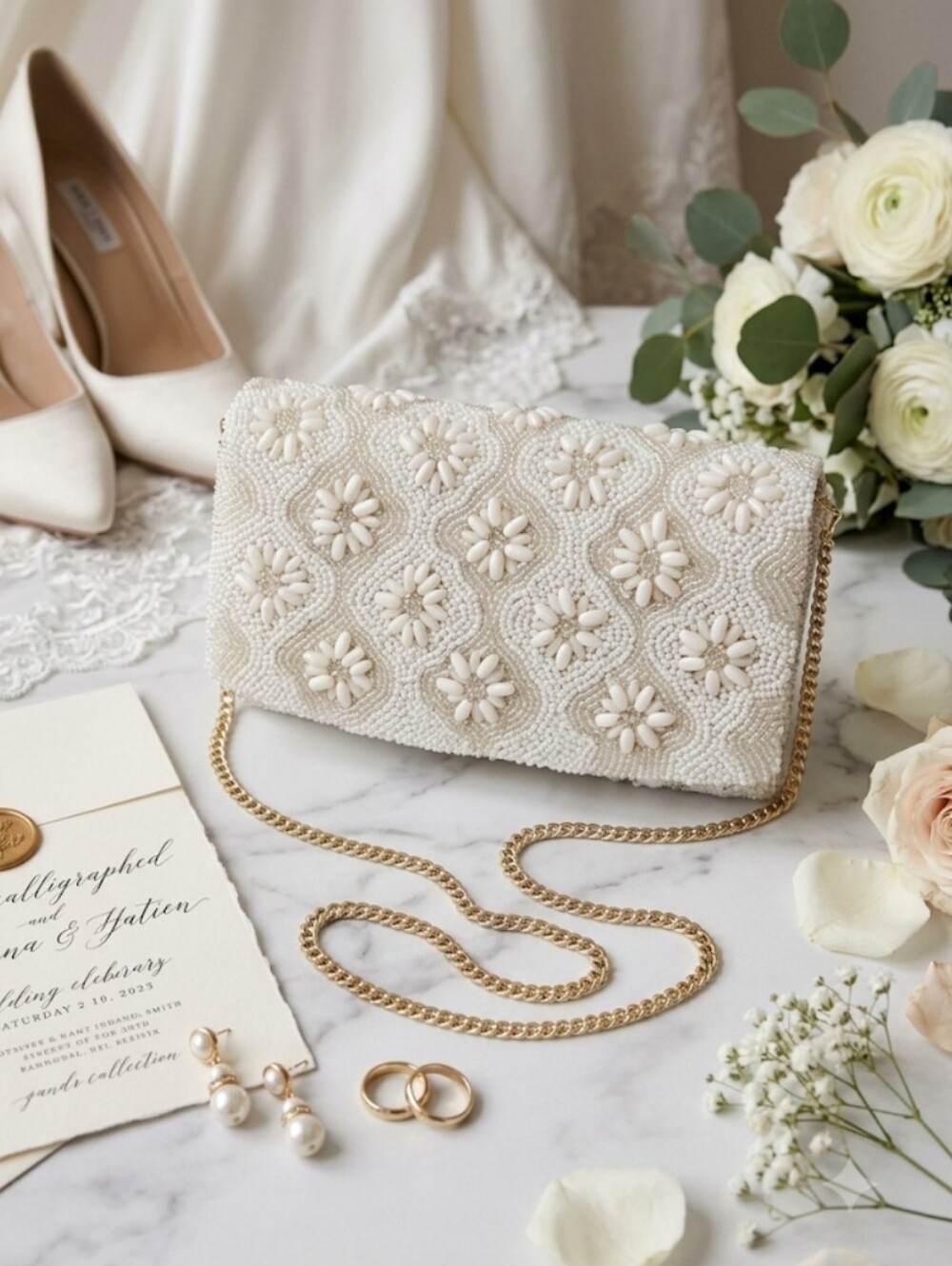 Beaded Floral Envelope Clutch Crossbody Bag Ivory White Gold Chain Wedding